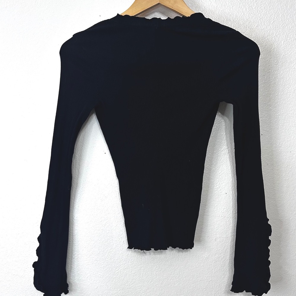 Intimately Free People Black Ribbed V-Neck Tie Front Lettuce Split Cuff Top XS - Picture 3 of 8